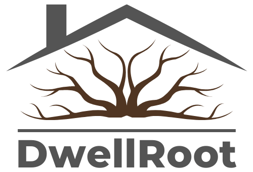 Logo of DwellRoot with a tree and house design on a white background